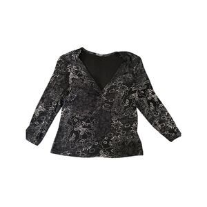 Softwear Black Print Blouse Women M Ruched‎ V-Neck Y2K Indie Sleaze Top Goth VTG